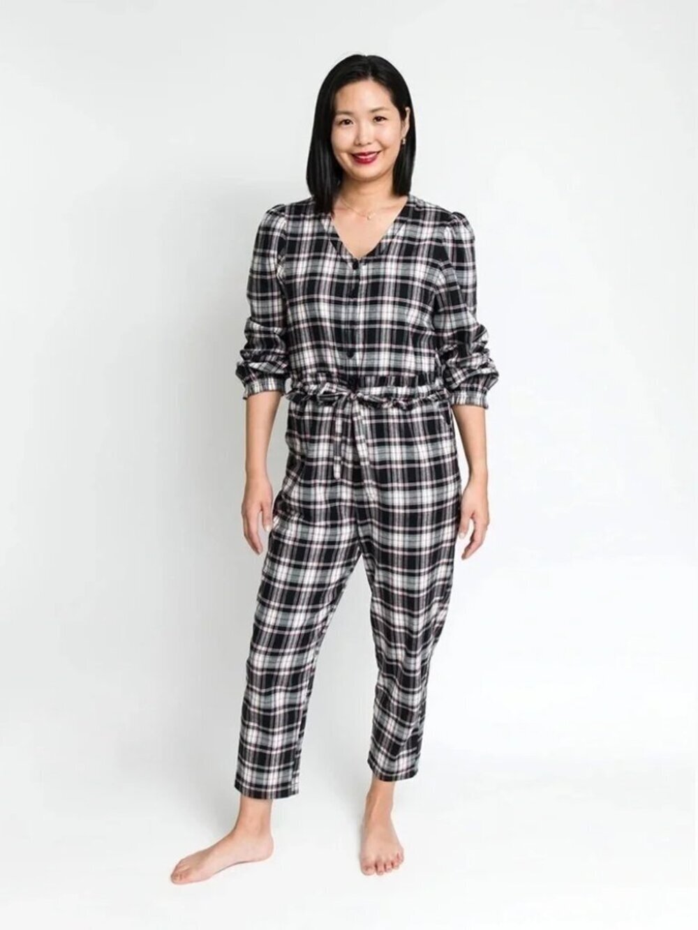 Smash + Tess Remy Henley Black White Red Plaid Ruffle Long Romper Jumpsuit XL